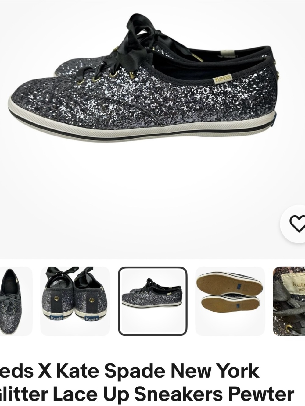 Kate Spade Keds Glitter Lace-Up Sneakers Pewter Glitter in display box Size 6.5